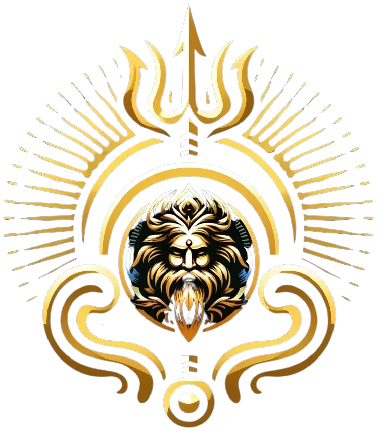 The logo displays elements like trident(on the top), a mythological figure like Zeus or Shiva (in the centre), and Sun rays with a circle all around. (.